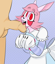 anthro cheek_spots duo foreskin fur genitals girly hair hi_res human lagomorph leporid licking madragon male male/male mammal may_(uassault) oral paw_pose penile penis penis_lick pink_body pink_fur pink_hair pose rabbit red_eyes sex simple_background sleeves smile tagme tongue tongue_out