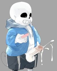 2020 animated_skeleton anterior_nasal_aperture balls blue_clothing blue_hoodie blue_topwear bodily_fluids bone bottomwear clenched_teeth clothing cum cumshot ejaculation erection foreskin genital_fluids genitals glans grey_background hands-free hi_res holding_object hoodie humanoid humanoid_genitalia humanoid_penis male male_only masshiro orgasm partially_retracted_foreskin penis sans sex_toy shorts simple_background skeleton solo solo_male standing sweat teeth topwear uncut undead undertale vein veiny_penis vibrator video_games white_body