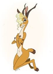 2016 antelope anthro barely_visible_genitalia barely_visible_pussy blonde_hair bovid brown_nipples cloven_hooves covering covering_breasts covering_self disney female front_view full-length_portrait fur gazelle gazelle_(zootopia) genitals hair hair_over_eye hi_res hooves horn jabberwockychamber kneeling looking_at_viewer mammal medium_breasts nipples nude one_breast_out one_eye_obstructed pinup portrait pose pussy simple_background solo tan_body tan_fur white_background zootopia