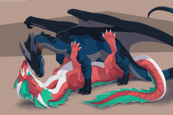 3:2 aquatic_dragon cassidy_(shicho) cloe_(shicho) dragon duo female feral frill_(anatomy) horn hydra licking licking_another licking_partner lunalei lying male marine missionary_position on_back raptor_claws sex straight tongue tongue_out wingless_dragon zek