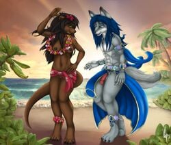 2018 abs accessory anklet anthro armband athletic athletic_anthro athletic_female athletic_male barefoot beach blue_hair breasts brown_body brown_fur brown_hair canid canine canis casual_exposure clothed clothing countershade_face countershade_torso countershading dancing duo evening evergreen_tree eye_contact female flower flower_anklet flower_in_hair flower_necklace fur genitals grey_body grey_fur hair hair_accessory half-erect jewelry lei-lani loincloth long_hair looking_at_another looking_at_partner lutrine maku_(masterofwolves99) male mammal multicolored_body multicolored_fur mustelid navel nipples palm_tree penis plant pussy sarong seaside straight sunset teasing topless topless_female topless_male tree tropical two_tone_body two_tone_fur volp3 water white_body white_fur wolf wristband