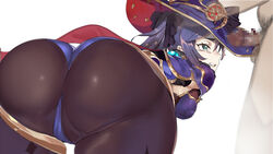 1boy ass bent_over bodystocking breasts censored diamond_(symbol) female from_behind genshin_impact green_eyes hat imminent_fellatio imminent_rape leotard long_hair medium_breasts mona_(genshin_impact) pantyhose penis purple_hair purple_headwear purple_leotard pussy shiny shiny_hair shiny_skin solo_focus thighlet toranpo_rintarou white_background witch_hat