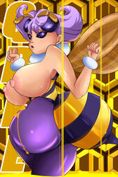 2018 absurd_res animal_humanoid arthropod arthropod_humanoid ass bee_humanoid bee_sting big_breasts breasts capcom cel_shading cute_face darkstalkers detailed_background digital_media_(artwork) empty_eyes exposed_breasts female hair hi_res honey humanoid hymenopteran hymenopteran_humanoid insect_humanoid insects large_breasts looking_back nipples purple_hair q-bee raised_arm sketch solo sonson-sensei translucent translucent_wings video_games wings