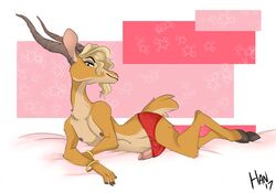 2017 antelope anthro bedroom_eyes blonde_hair bovid brown_nipples clothed clothing crossdressing disney ftm_crossgender full-length_portrait fur gazelle gazelle_(zootopia) genitals girly hair hooves horn humanoid_genitalia humanoid_penis jabberwockychamber looking_at_viewer lying male mammal narrowed_eyes nipples on_side panties penis poking_out portrait red_clothing red_panties red_underwear rule_63 seductive solo tan_body tan_fur topless underwear zootopia