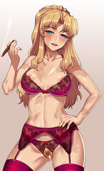 1girls areola_slip areolae balalaika bar_censor black_lagoon blonde_hair blonde_pubic_hair blue_eyes bra breasts burn_scar censored cigar cleavage commentary_request cowboy_shot crotchless_panties eyeshadow female female_pubic_hair garter_belt gradient gradient_background half-closed_eyes large_breasts lingerie long_hair makeup mole mole_under_eye nipples nt00 ponytail pubic_hair pussy red_bra red_legwear scar smoking solo standing underwear