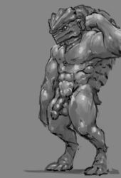 2020 alien balls digitigrade flaccid flexing genitals krogan looking_at_viewer male mass_effect meandraco monochrome multi_balls multi_genitalia muscular muscular_male nude penis raised_arm short_tail simple_background solo solo_male standing urethra video_games