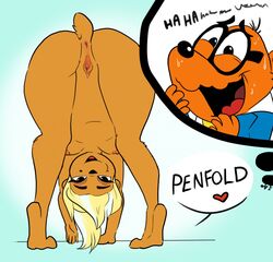 2019 all_fours anthro anus ass ass_up blonde_hair bodily_fluids breasts brown_body clitoris cricetid danger_mouse_(series) duo ernest_penfold eyewear female female_focus genitals glasses hair hamster hi_res jabberwockychamber laugh looking_at_viewer looking_through looking_through_legs male mammal nipples nude presenting presenting_anus presenting_hindquarters presenting_pussy pussy rear_view rodent scarlet_johamster solo_focus spread_legs spread_pussy spreading sweat text