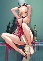 absurdres alternate_costume anal_tail anklet armpits bangs bare_shoulders blonde_hair bound bound_wrists breasts censored crying crying_with_eyes_open cuffs dress drooling earrings fake_tail female girls'_frontline highres jewelry light_censor long_hair looking_at_viewer nipple_piercing ots-14_(girls'_frontline) partially_visible_vulva piercing pink_dress pink_nails plunging_neckline shackles shoes single_shoe sitting solo tail tears thighs toes very_long_hair westking yellow_eyes