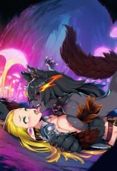 2girls ai_generated animal_ears animal_humanoid animal_tail black_hair black_sclera breast_squish breasts collar collar_only dubious_consent elf eyes_rolling_back female female/female flaming_eyes gray_skin green_eyes grey_skin hellhound hellhound_(monster_girl_encyclopedia) lesbian monster_girl monster_girl_(genre) monster_girl_encyclopedia nipples nude open_mouth red_eyes tail tongue tongue_out yuri