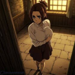 1girl ai ai_generated attack_on_titan beret boots fondling fondling_breast fondling_breasts fondling_own_breast fondling_own_breasts fondling_self gabi_braun grin hair_between_eyes hair_ornament hazel_eyes jacket looking_at_viewer marley_military_uniform military_uniform pants shingeki_no_kyojin shirt short_hair shy smile solo staxxy staxxy2 young