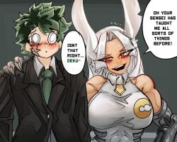 1boy 1boy1girl 1girls assistant blushing bunny_ears bunny_girl business_suit deku embarrassed english_text green_tie hand_on_shoulder innuendo izuku_midoriya mavrix miruko my_hero_academia robotic_arms rumi_usagiyama sensei teacher