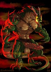 abs anthro balls barbarian breath_powers clothing clothing_aside dragon elemental_manipulation fire fire_breathing fire_manipulation genitals hi_res iudicium86 knot leaking_precum loincloth loincloth_aside male male_only monster muscular muscular_anthro muscular_male nipples penile_spines penis ragner solo vein warrior were weredragon