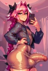 ai_generated anime_eyes astolfo_(fate) balls beautiful bedroom big_balls big_penis blush braid braided_hair braided_ponytail dress fate/grand_order fate_(series) femboy femboy_only gigiti huge_cock looking_at_viewer male_focus male_only massive_penis phone pink_eyes pink_hair selfie solo solo_male standing thight_clothing trend trogiai tv white_hair_streak