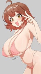 1girls big_breasts bikini blush breasts female female_only gakuen_idolmaster hanami_ume huge_breasts idolmaster j2k large_breasts looking_at_viewer micro_bikini solo v
