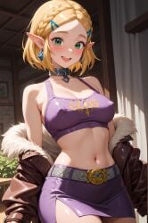 1girl abdomen ai_generated belt blonde_hair braided_hair breasts cleavage earrings elf_girl erect_nipples fur_jacket hairclips hips hylian leather_clothing leather_jacket metal_choker midriff miniskirt modern_au navel pixai princess_zelda short_hair skirt the_legend_of_zelda thighs topwear waist zelda_(tears_of_the_kingdom)