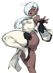 1girls ass black_shoes blush borrowed_character breasts bridal_gauntlets character_request cleavage_cutout closed_eyes clothing_cutout commentary dark-skinned_female dark_skin detached_sleeves doppel_(bonnypir) ear_piercing eyebrow_piercing face_piercing hair_over_one_eye highres holster long_hair medium_breasts open_mouth original piercing shoes simple_background single_thighhigh sleeveless smile solo standing standing_on_one_leg thigh_holster thighhighs white_background white_thighhighs wide_sleeves