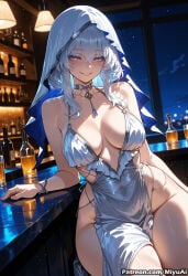 1girl ai_assisted ai_generated alcohol bangs bare_shoulders blue_dress blush bottle bracelet breasts cleavage cup curvaceous curvy curvy_female curvy_figure dress drinking_glass earrings eyebrows_visible_through_hair female hair_between_eyes hair_ornament halter_dress holding_cup jewelry large_breasts looking_at_viewer miyuai mole night pelvic_curtain purple_eyes revealing_clothes shorekeeper_(wuthering_waves) side_slit sidelocks sitting sky sleeveless smile solo st._louis_(azur_lane) thick thick_ass thick_butt thick_hips thick_legs thick_thighs thighs voluptuous voluptuous_female wide_hips wide_thighs wuthering_waves