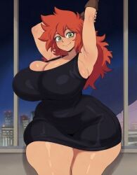 1girl 1girls ai_generated arm_above_head black_dress black_minidress boobs breasts buildings cleavage clothed clothed_female dress female female_focus female_only happy hips large_boobs large_breasts large_hips looking_at_viewer minidress night nomad_of_nowhere raising_arm red_hair rooster_teeth skout smile solo solo_female solo_focus standing thighs tight_clothing tight_fit wide_hips window zupern0va_(manipper)