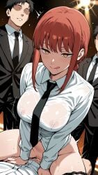 1female 3males ai_generated areolae_visible_through_clothing areolae_visible_through_shirt bottomless bottomless_female bouncing_on_cock bouncing_on_dick chainsaw_man clothed_male cowgirl_position enjoying enjoying_sex horny horny_expression horny_female licking_lips licking_own_lips loving_it makima_(chainsaw_man) panties_around_one_leg red_hair red_hair_female redhead redhead_female riding_cock riding_dick see-through_shirt waiting_for_turn watching