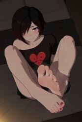 1girl _yumidreams ai_generated bangs bare_legs barefoot bed bed_sheet black_hair black_shirt blush breasts collarbone feet foot_fetish foot_focus foreshortening full_body gradient_hair grey_eyes hair_over_one_eye heart indoors legs looking_at_viewer multicolored_hair nail_polish off_shoulder on_bed red_hair red_nails ruby_rose rwby shadow shirt short_hair short_sleeves sitting smile soles solo t-shirt toenail_polish toenails toes twitter_username two-tone_hair