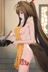 1girl absurd_res absurdres alternate_hairstyle apron apron_only blurry_background body_markings breasts brown_hair clip_studio_paint_(medium) closed_mouth cooking female female_only from_side hair_flaps hair_intakes hairband hickey high_resolution highres holding_object holding_pan horse_tail indoors ir_who light_smile long_hair medium_breasts naked_apron nipple_slip nipples ponytail red_eyes sideboob solo solo_female tail white_hairband ye_shunguang ye_shunguang(zenless_zone_zero) yellow_apron zenless_zone_zero