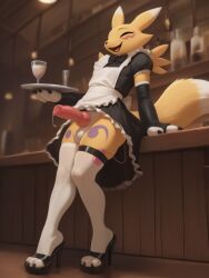 ai_generated animal_genitalia animal_penis anthro balls bandai_namco bodily_fluids canine_genitalia canine_penis clothing digimon digimon_(species) eyes_closed femboy footwear genital_fluids genitals high_heeled_sandals high_heels holding_object holding_tray legwear maid_uniform male male_renamon open_mouth penis precum precum_string renamon sandals sex_toy solo thigh_highs uniform vibrator