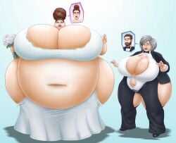 2girls after_transformation bbw big_breasts blue_eyes breasts brown_hair cleavage commission dress enormous_belly enormous_breasts enormous_thighs fat fat_belly fat_face fat_female fat_fetish fat_thighs female female_only gender_transformation gilf gilfification grey_hair hair_bun highres huge_breasts hyper_breasts hyper_fat hyper_hips light-skinned_female light_skin morbidly_obese mtf_transformation obese obese_female old_woman original overweight overweight_female ripped_clothing saturnxart ssbbw straining_buttons straining_clothing stretch_marks sudden_weight_gain thick_thighs transformation tuxedo veiny_breasts wardrobe_malfunction wedding wedding_dress weight_gain wide_hips wrinkles