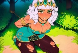 1boy 1girls ai ai_assisted ai_generated brown_skin captured captured_female caught caught_off_guard choking crown dark-skinned_female defeat defeated defiant defiant_expression dress foot_on_head forest forest_background gritting hair imminent_rape league_of_legends looking_at_viewer noose on_ground pinned_down pinned_to_ground princess prussia123 qiyana_(league_of_legends) qiyana_yunalai rope rope_bondage sexy sexy_body sexy_clothing sexy_female sexy_pose sexy_woman short_hair white