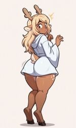 ai_generated animal_nose anthro ass_view buckteeth closed_mouth deltarune deltarune_chapter_2 freckles_on_face full_body furry_female high_quality hooded_dress hooves light_brown_fur long_hair long_sleeves looking_over_shoulder noelle_holiday noelle_holiday_(dark_world_form) platinum_blonde_hair red_nose reindeer reindeer_antlers reindeer_ears reindeer_tail white_background white_dress