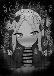 1boy 1girls abigail_williams_(fate/grand_order) big_penis black_and_white blush censored dark-skinned_male dark_skin detailed_background dress drooling eyelashes fate/grand_order fate_(series) fellatio female hair_ornament heart human indoor inside interracial kurotama long_hair looking_at_viewer male male_pov oral oral_sex penis ribbon room saliva shiny shiny_skin sketch sound_effects squatting sweat text vein veins veiny veiny_penis