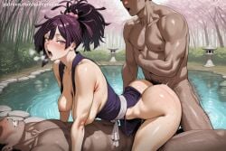 1girl 2boys abs ai_generated blush breasts dark_skinned_male hetero hi_res high_quality high_resolution jigokuraku multiple_boys muscle nipples nude open_mouth patreon ponytail purple_hair savvyraexo seductive sex sexy sweat uncensored watermark yuzuriha_(jigokuraku)
