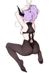 1girl absurdres alternate_breast_size_(smaller) anus arms_up arromanches_(acrobatic_archery)_(azur_lane) arromanches_(azur_lane) ass azur_lane back backboob black_horns black_pantyhose blush breasts commentary_request from_behind high_ponytail highres horns medium_breasts medium_hair official_alternate_costume pantyhose pointy_ears ponytail purple_hair pussy pussy_peek sideboob simple_background sitting solo sweat tying_hair wariza white_background xin_sanmu