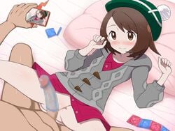 1boy bangs blush brown_eyes brown_hair buttons cardigan censored closed_mouth collared_dress condom condom_on_penis condom_packet_strip condom_wrapper dress erection female gloria_(pokemon) green_headwear grey_cardigan hat head_on_pillow highres holding hooded_cardigan lying mosaic_censoring nintendo on_back penis pink_dress pokémon_(species) pokemon pokemon_ss rotom rotom_phone smile solo_focus spread_legs tam_o'_shanter textless yaomai