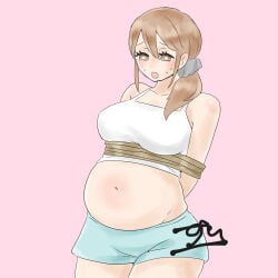 1girls belly_expansion bloated_belly bondage breast_expansion brown_eyes brown_hair clothed clothing early_pregnancy female female_only navel pregnant rapid_pregnancy rope_bondage sequence