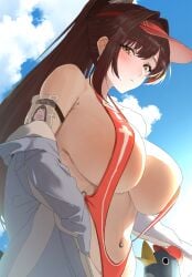 1girl animal_costume bird blue_sky breasts brown_hair commentary_request goddess_of_victory:_nikke high_ponytail highres huge_breasts long_hair looking_at_viewer marciana_(marine_study)_(nikke) marciana_(nikke) navel navel_piercing ocean official_alternate_costume penguin penguin_costume penguin_squad_(nikke) piercing ponytail red_slingshot_swimsuit sky slingshot_swimsuit stomach swimsuit very_long_hair visor_cap yellow_eyes
