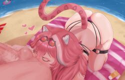 1boy 1girls alternate_version_at_source alternate_version_available anilingus animal_ears ass beach beach_towel bikini bikini_bottom bikini_top blush cat_ears cat_girl cat_tail catgirl closed_eyes clothed_female_nude_male eating_ass erdren female handjob heart hololive hololive_english hololive_english_-justice- long_hair male multicolored_hair outdoors penis pink_hair raora_panthera rimming rimming_male rusty_trombone sex sweat sweatdrop tail uncensored virtual_youtuber white_hair