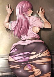 1girl against_wall ass ass_focus backboob bad_anatomy bad_hands belt bent_over black_pantyhose blush breasts breath brown_belt cameltoe clothes_lift commentary commission cowboy_shot eiyuu_densetsu highres kagura_yuuto lace-trimmed_panties lace_trim linde_(eiyuu_densetsu) long_hair looking_at_viewer looking_back medium_breasts nipples nurse open_clothes open_mouth open_shirt paid_reward_available panties panties_under_pantyhose pantyhose pink_hair pink_panties pink_shirt pink_skirt pussy_juice sen_no_kiseki_(series) sen_no_kiseki_iii shirt skeb_commission skirt skirt_lift solo standing sweat torn_clothes torn_pantyhose underwear yellow_eyes