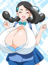 1girl black_hair blush bouncing_breasts bra breasts brown_eyes bursting_breasts candice_(pokemon) female female_only huge_breasts long_hair multi-tied_hair nintendo open_mouth pokemon pokemon_dppt wardrobe_malfunction zeronuruudon