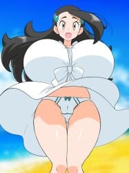 1girl black_hair blush bouncing_breasts breasts brown_eyes candice_(pokemon) dress female female_only huge_breasts long_hair nintendo open_mouth outdoors panties pokemon pokemon_dppt zeronuruudon