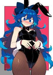 2026 artist_request blue_eyes blue_hair bunny_ears bunnysuit embarrassed female hi_res legwear leotard playboy_bunny shion_yorigami solo touhou touhou_project yorigami_shion