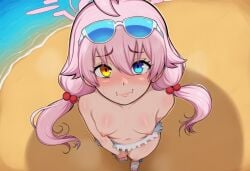 ahoge ai_generated beach beach_background bikini bikini_bottom_only blue_archive blue_eyes blush flat_chest flat_chested flustered_female foreshortening from_above hair_ornament halo heterochromia hoshino_(blue_archive) hoshino_(swimsuit)_(blue_archive) light_frown long_hair looking_at_viewer navel nipples petite petite_body petite_female pink_hair sandals sea self_upload shy small_breasts solo solo_female solo_focus standing sunglasses sweat sweatdrop swimsuit swimwear thighs toes topless twintails water wavy_mouth white_bikini yellow_eyes