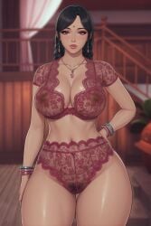 1girls ai_assisted ai_generated bangle bangs bindi black_hair black_outline braided_hair caramel-skinned_female cleavage curtains eyebrows_behind_hair eyelashes female female_only frill_trim hand_on_hip hand_on_thigh honey_select_2 hourglass_figure indian indian_female indoors large_breasts lingerie lipstick looking_at_viewer midriff narrow_waist necklace nipples_visible_through_clothing original_character pubic_hair pubic_hair_visible_through_clothing red_pupils revealing_clothes rgomez007 see-through see-through_clothing sheer sheer_clothing short_sleeves side_swept_bangs sidelocks slight_smile solo_female stable_diffusion staircase standing thick_lips thick_thighs voluptuous warm_colors wide_hips wooden_wall