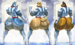 2020 anthro ass big_butt blitz_(road_rovers) bubble_butt canid canine canis clothed clothing detailed_background digital_media_(artwork) dobermann domestic domestic_dog group hand_on_butt huge_butt husky hyper hyper_butt legwear looking_at_viewer male male_only mammal multicolored_body muscular muscular_anthro muscular_male nordic_sled_dog partially_clothed pinscher presenting presenting_hindquarters road_rovers small_waist spitz tagme thick_thighs topwear two_tone_body xtrent968