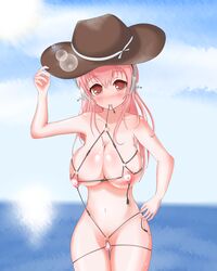 arykei blush brown_eyes cowboy_hat female headphones large_breasts long_hair micro_bikini nitroplus pink_hair see-through solo sonico super_sonico