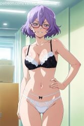 ai_generated blushing bra digimon digimon_story:_cyber_sleuth glasses medium_breasts mirei_mikagura panties purple_eyes purple_hair underwear velvetart