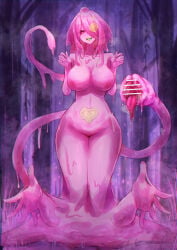 1girl absurdres bar_censor breasts censored colored_skin colored_tongue commentary_request core extra_arms forest full_body green_tongue hair_over_one_eye highres large_breasts long_hair monster_girl nature night nipples no_pussy original outdoors pink_eyes pink_hair pink_skin pussy_tentacle reaching reaching_towards_viewer slime_girl solo steaming_body tentacle_with_mouth tentacles tree yadoku444