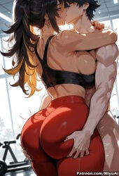1boy 1girl ai_assisted ai_generated ass ass_grab bare_shoulders black_hair breasts choker curvaceous curvy curvy_female curvy_figure dehya_(genshin_impact) earrings female genshin_impact hetero indoors jewelry kiss large_breasts long_hair miyuai muscle pants ponytail shorts sports_bra standing sweat thick thick_ass thick_butt thick_hips thick_legs thick_thighs thighs voluptuous voluptuous_female wide_hips wide_thighs