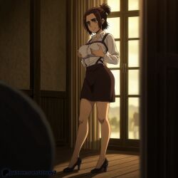1girl ai ai_generated attack_on_titan beret boots fondling fondling_breast fondling_breasts fondling_own_breast fondling_own_breasts fondling_self gabi_braun grin hair_between_eyes hair_ornament hazel_eyes jacket looking_at_viewer marley_military_uniform military_uniform pants shingeki_no_kyojin shirt short_hair shy smile solo staxxy staxxy2 young