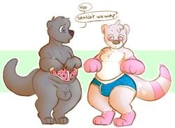 animal_genitalia anthro blue_nipples bulge chase_the_otter clothed clothing dialogue duo fully_sheathed fur genitals grey_body grey_fur looking_down lutrine male male_only mammal multi_nipple mustelid nipples nude partially_clothed pink_body pink_fur rabidraccoon sheath underwear