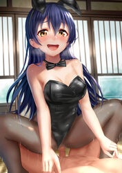 1boy animal_ears black_legwear blue_hair blush bow bowtie breasts bunny_ears bunny_girl censored commentary_request cowgirl_position drooling fake_animal_ears female happy_sex heavy_breathing highres indoors leotard leotard_aside long_hair looking_at_viewer love_live! love_live!_school_idol_project male male_nipple_pinch male_nipple_tweak medium_breasts mosaic_censoring mouth_drool nipple_pinch nipple_tweak nipples open_mouth pantyhose penis playboy_bunny pussy pussy_juice saliva sex shiny shiny_hair shiny_skin smile solo_focus sonoda_umi spread_legs squatting straddling straight strapless strapless_leotard sweat tomaco vaginal_penetration yellow_eyes